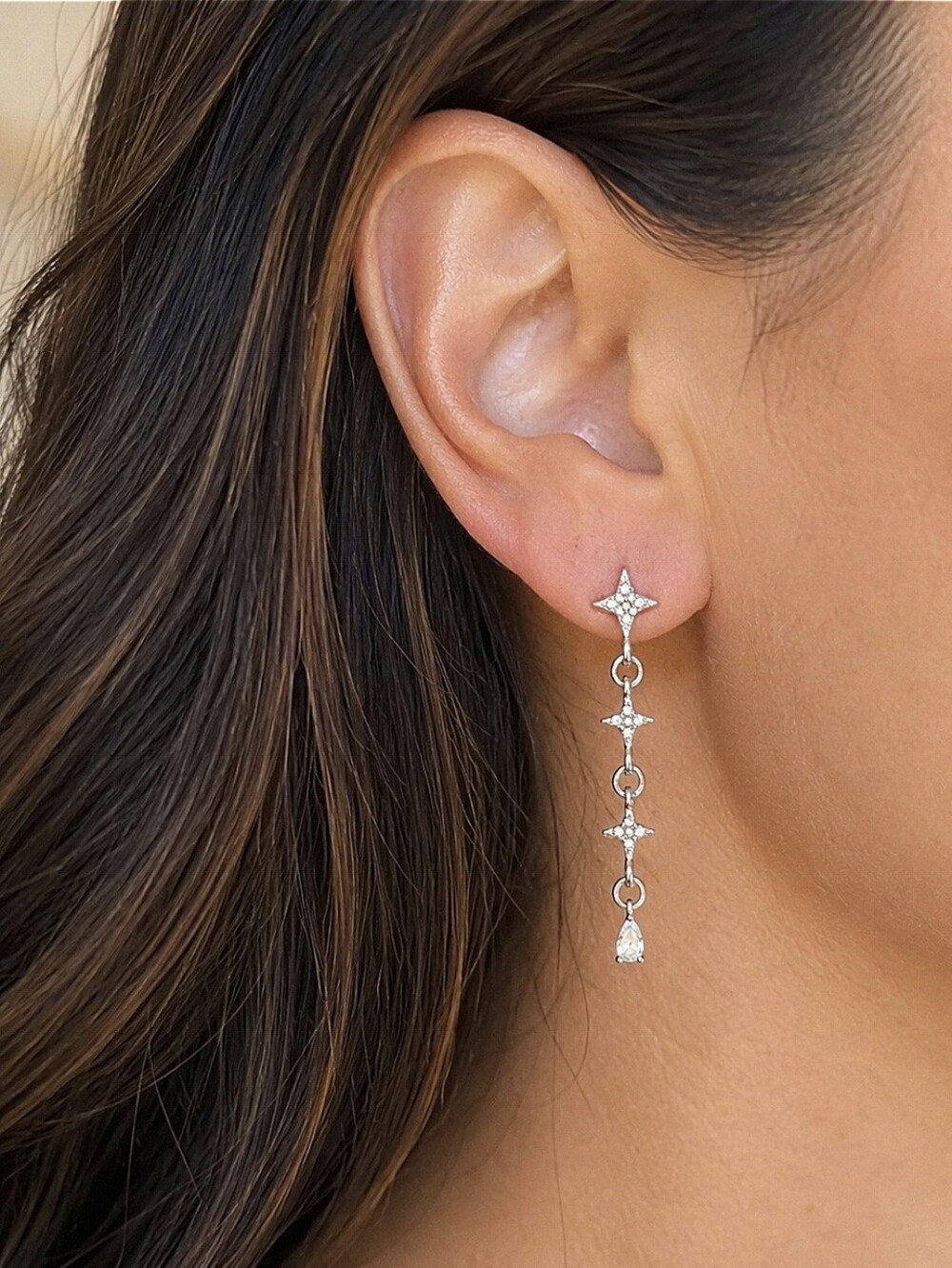 Long Dangling Rhinestone Stars Earrings